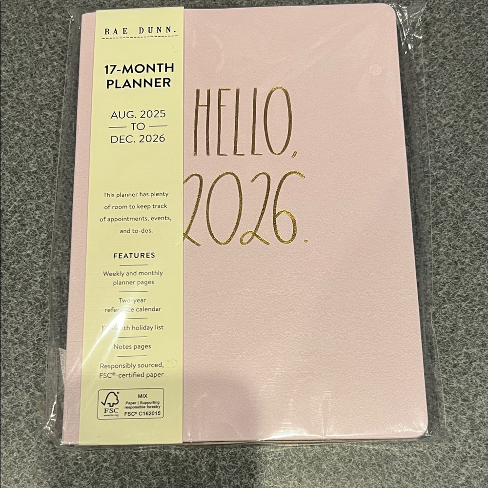 NWT Rae Dunn Pink Planner with Gold Text
